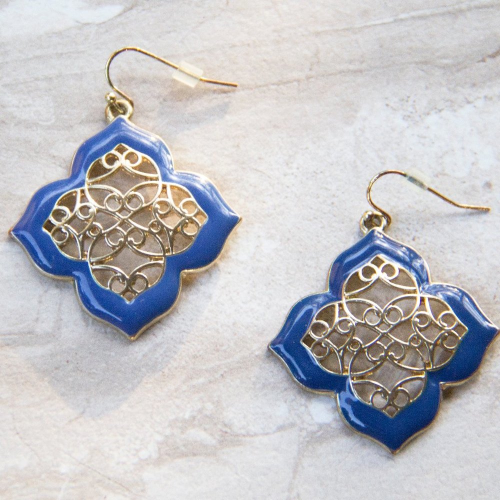 Gold Ornate Floral Earrings with Blue Enamel Trim